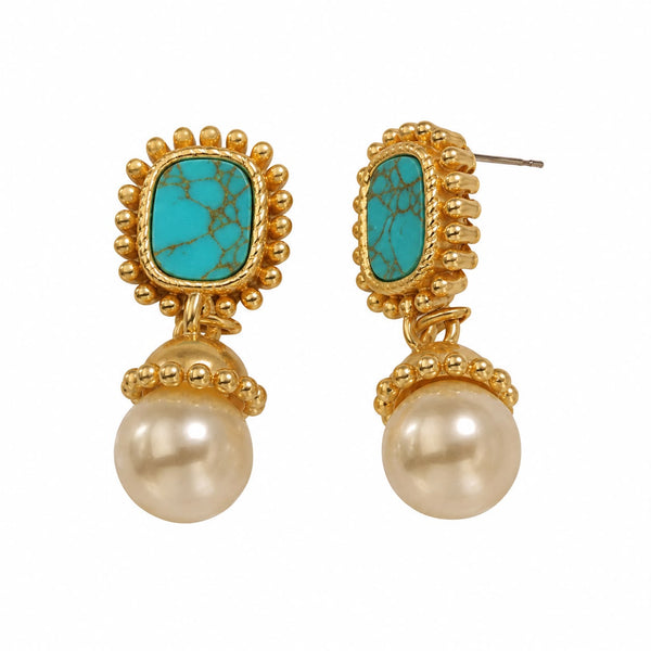 Aretes dorados con perla y piedra verde